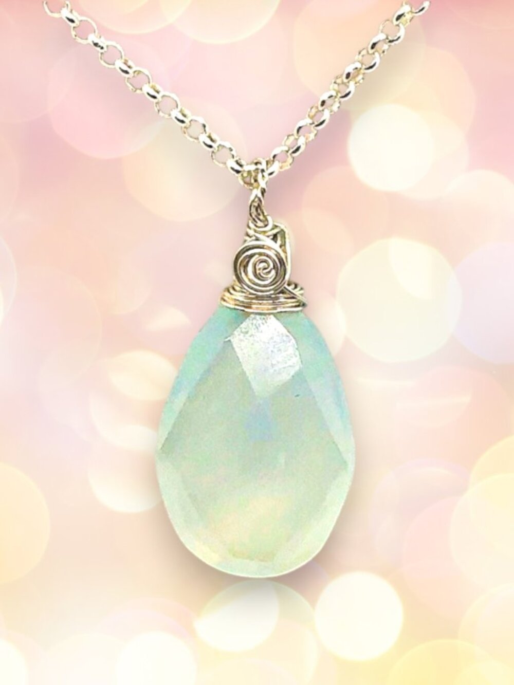 Aqua Chalcedony Pendant Wire Wrapped in Silver